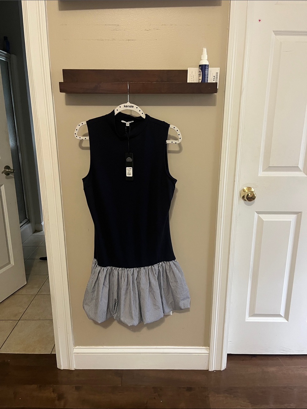 Fashion Nova Navy Dress with Blue-White Stripe Detail